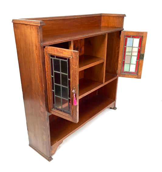 Antique Arts & Crafts Oak Wooden Display Bookcase Cabinet Stained Glazed Doors