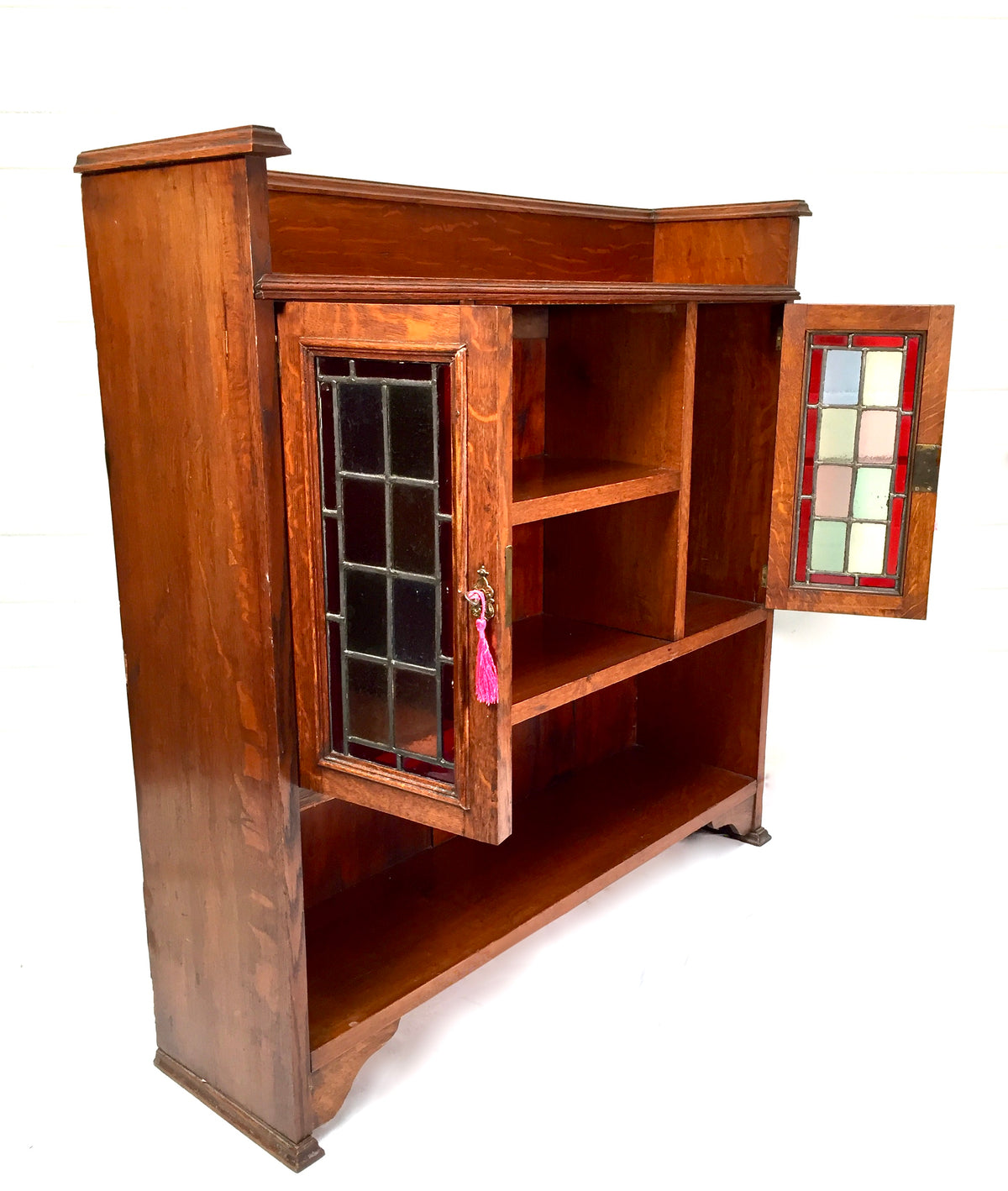 Antique Arts & Crafts Oak Wooden Display Bookcase Cabinet Stained Glazed Doors