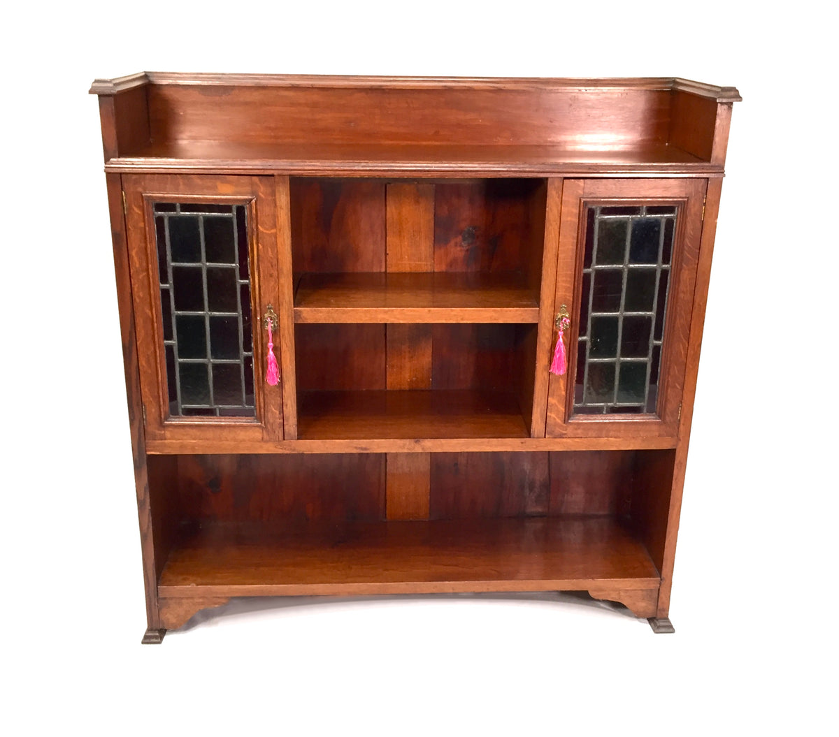 Antique Arts & Crafts Oak Wooden Display Bookcase Cabinet Stained Glazed Doors