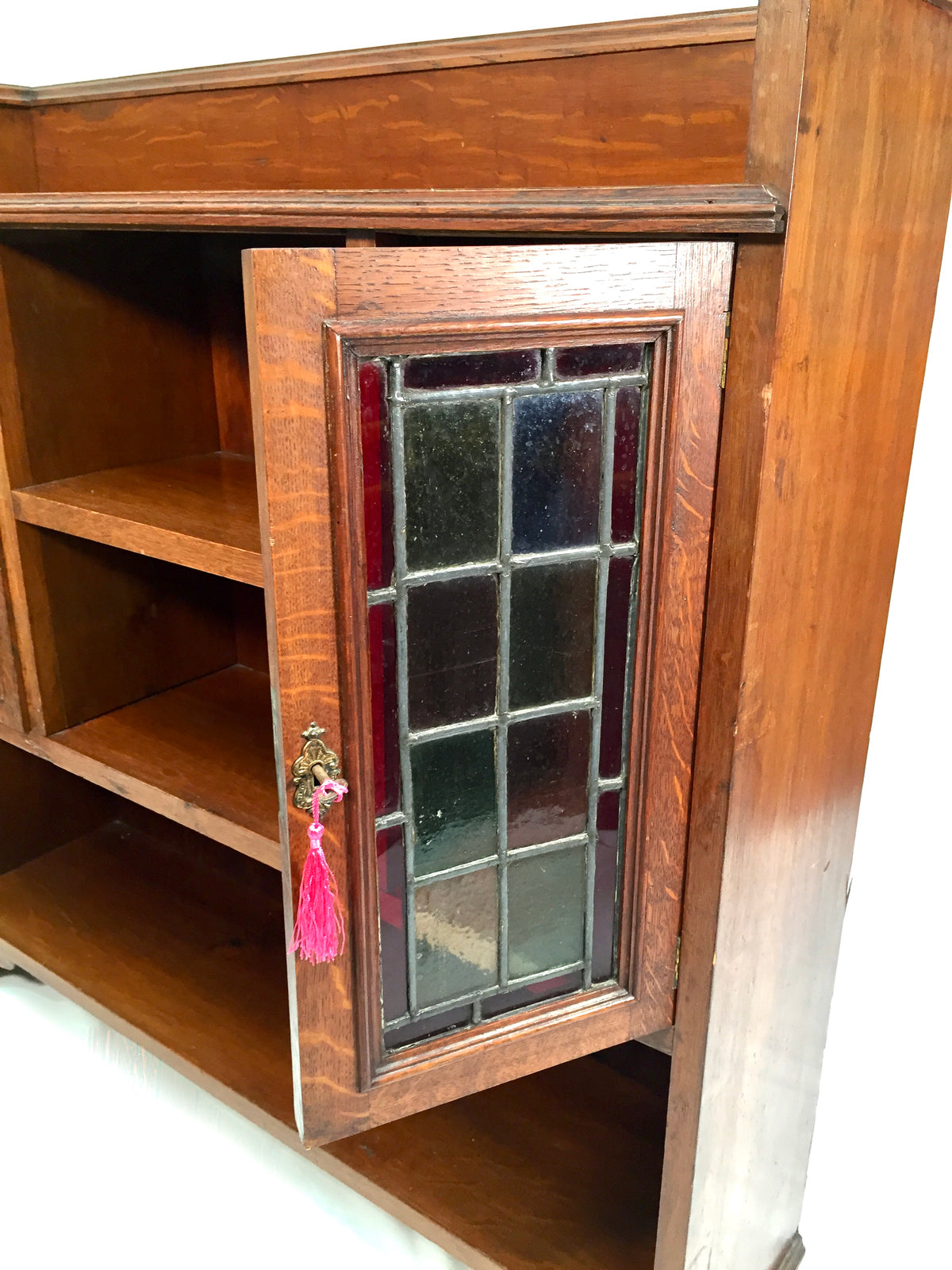 Antique Arts & Crafts Oak Wooden Display Bookcase Cabinet Stained Glazed Doors
