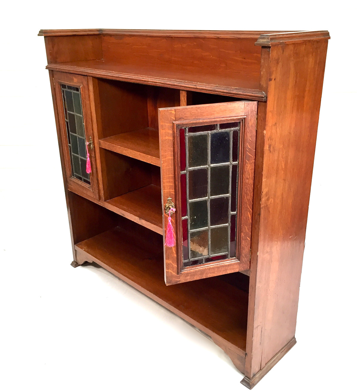 Antique Arts & Crafts Oak Wooden Display Bookcase Cabinet Stained Glazed Doors