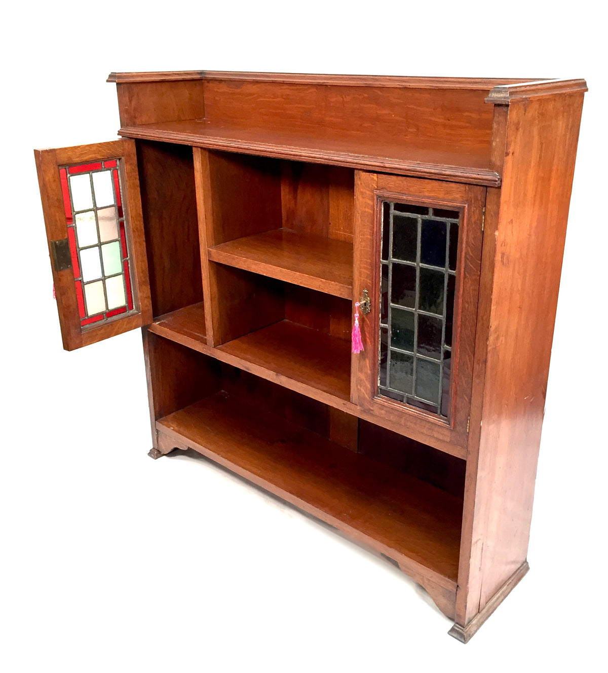 Antique Arts & Crafts Oak Wooden Display Bookcase Cabinet Stained Glazed Doors