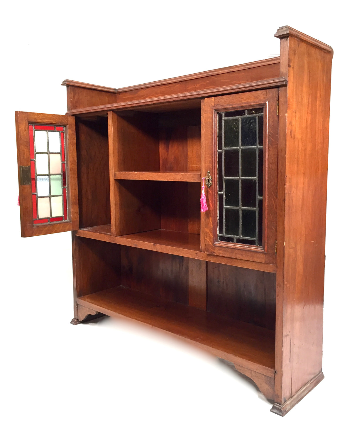 Antique Arts & Crafts Oak Wooden Display Bookcase Cabinet Stained Glazed Doors