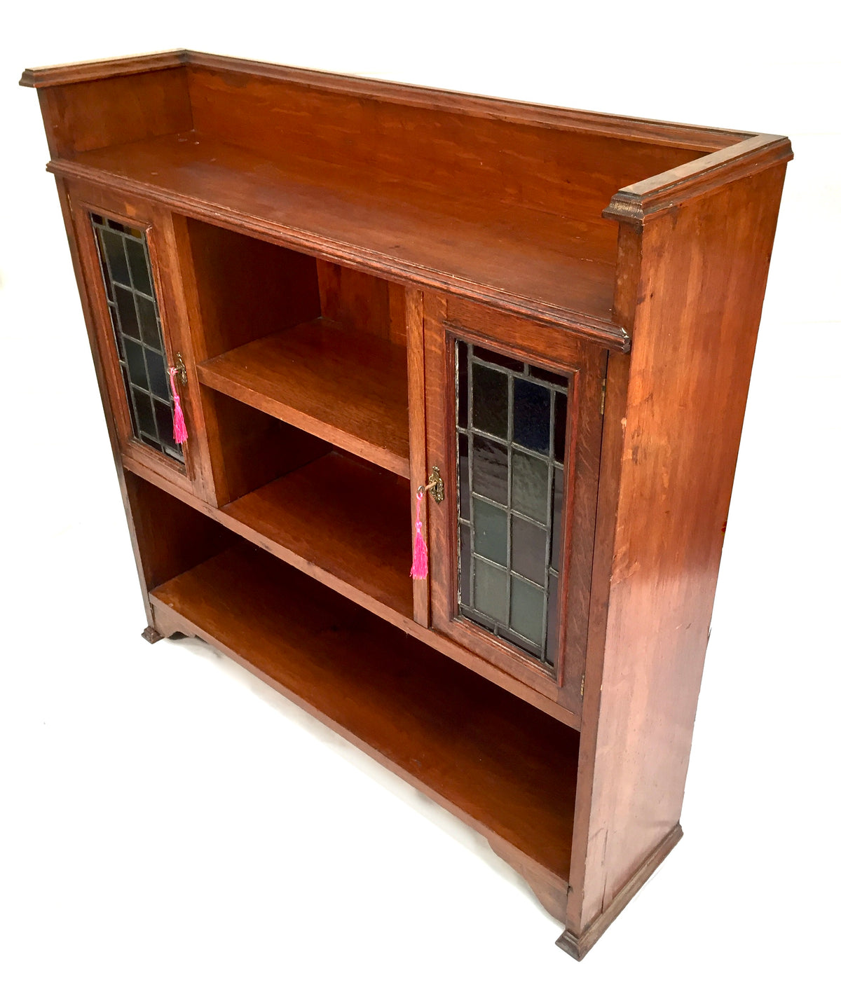 Antique Arts & Crafts Oak Wooden Display Bookcase Cabinet Stained Glazed Doors