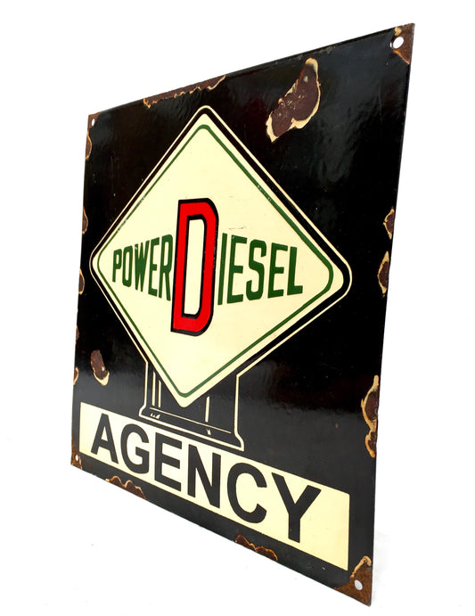 Vintage Advertising - Square Power Diesel Fuel Enamel Sign / Black Cream Red