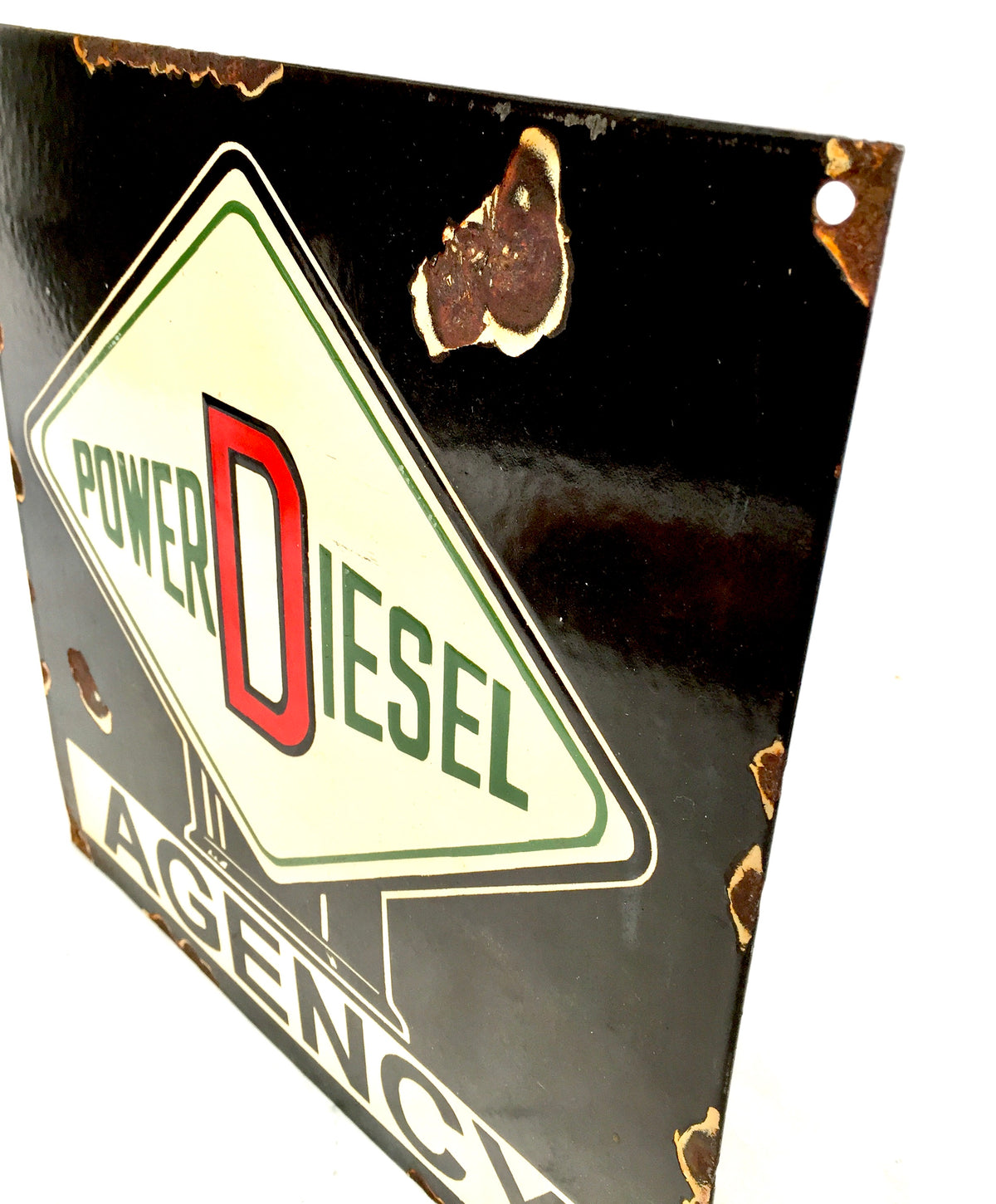 Vintage Advertising - Square Power Diesel Fuel Enamel Sign / Black Cream Red