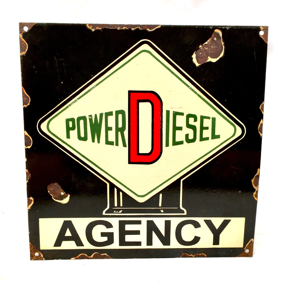 Vintage Advertising - Square Power Diesel Fuel Enamel Sign / Black Cream Red