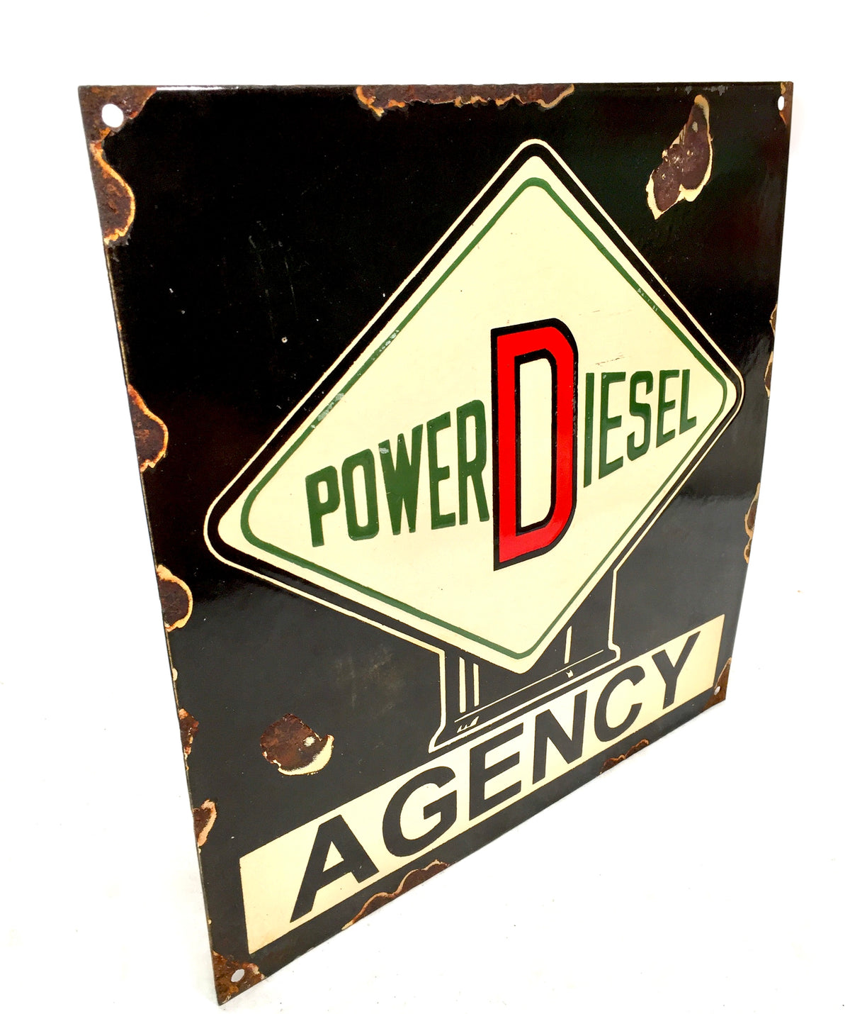 Vintage Advertising - Square Power Diesel Fuel Enamel Sign / Black Cream Red