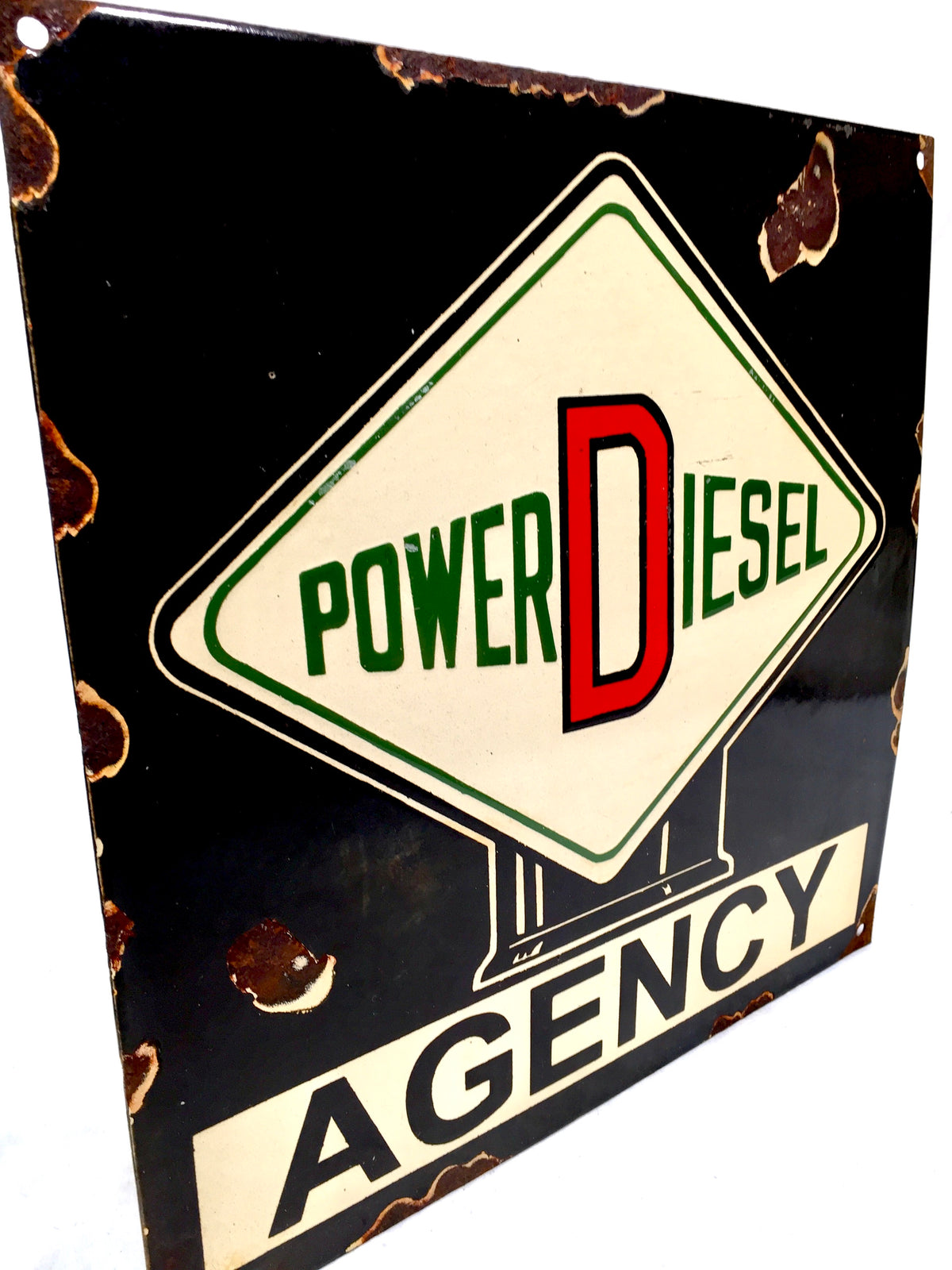 Vintage Advertising - Square Power Diesel Fuel Enamel Sign / Black Cream Red