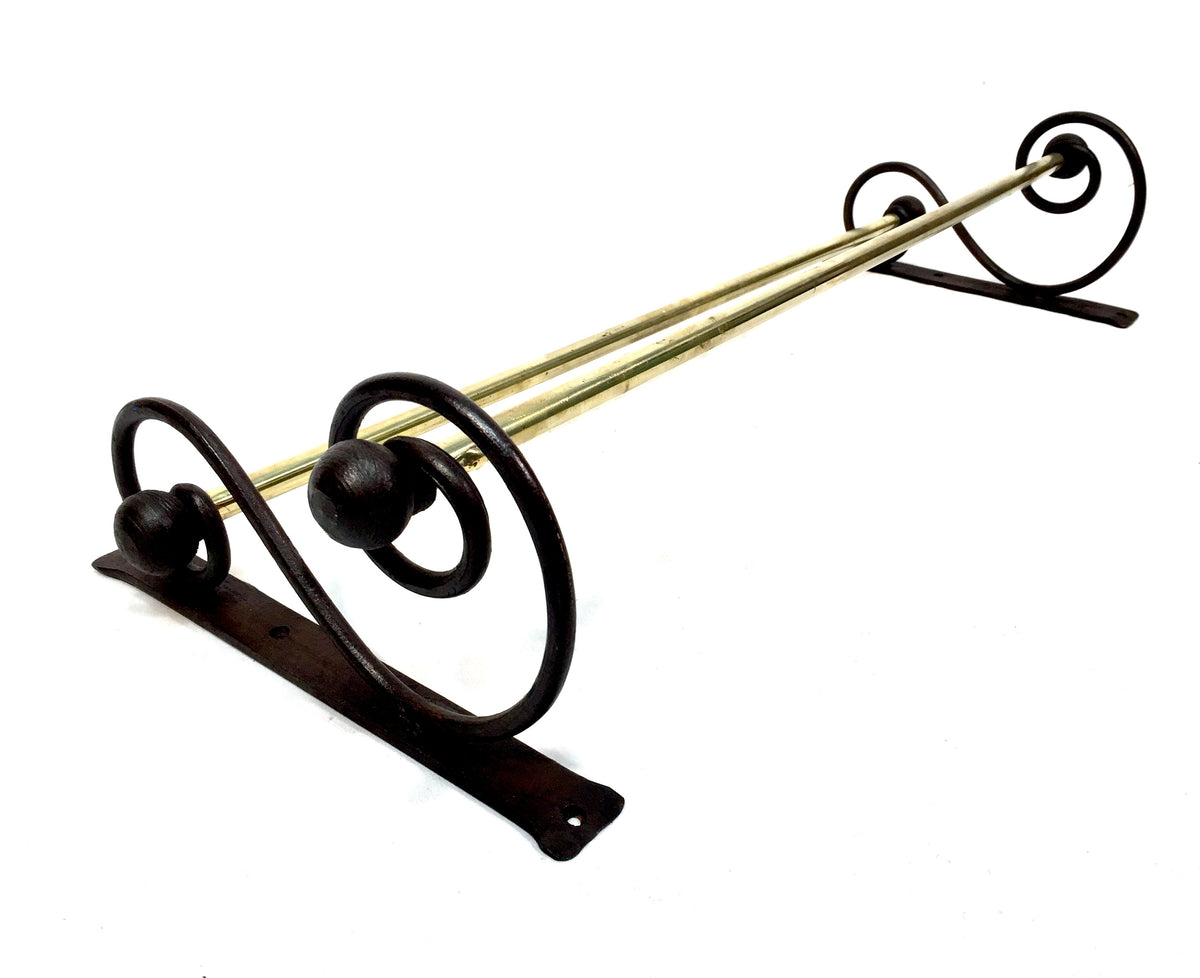 Antique Wall Hanging Black Wrought Iron & Brass Double Towel Rail Holder Rack