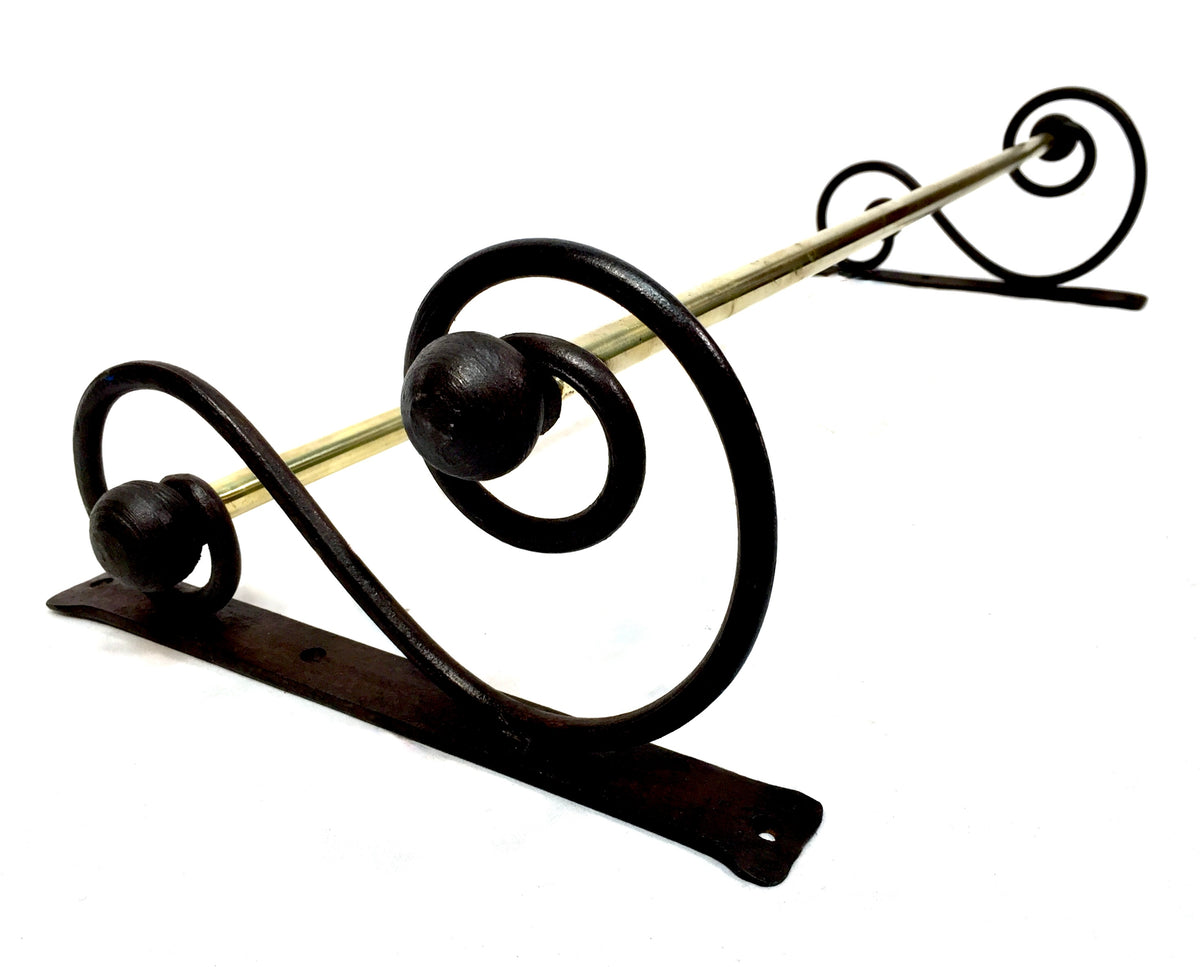 Antique Wall Hanging Black Wrought Iron & Brass Double Towel Rail Holder Rack