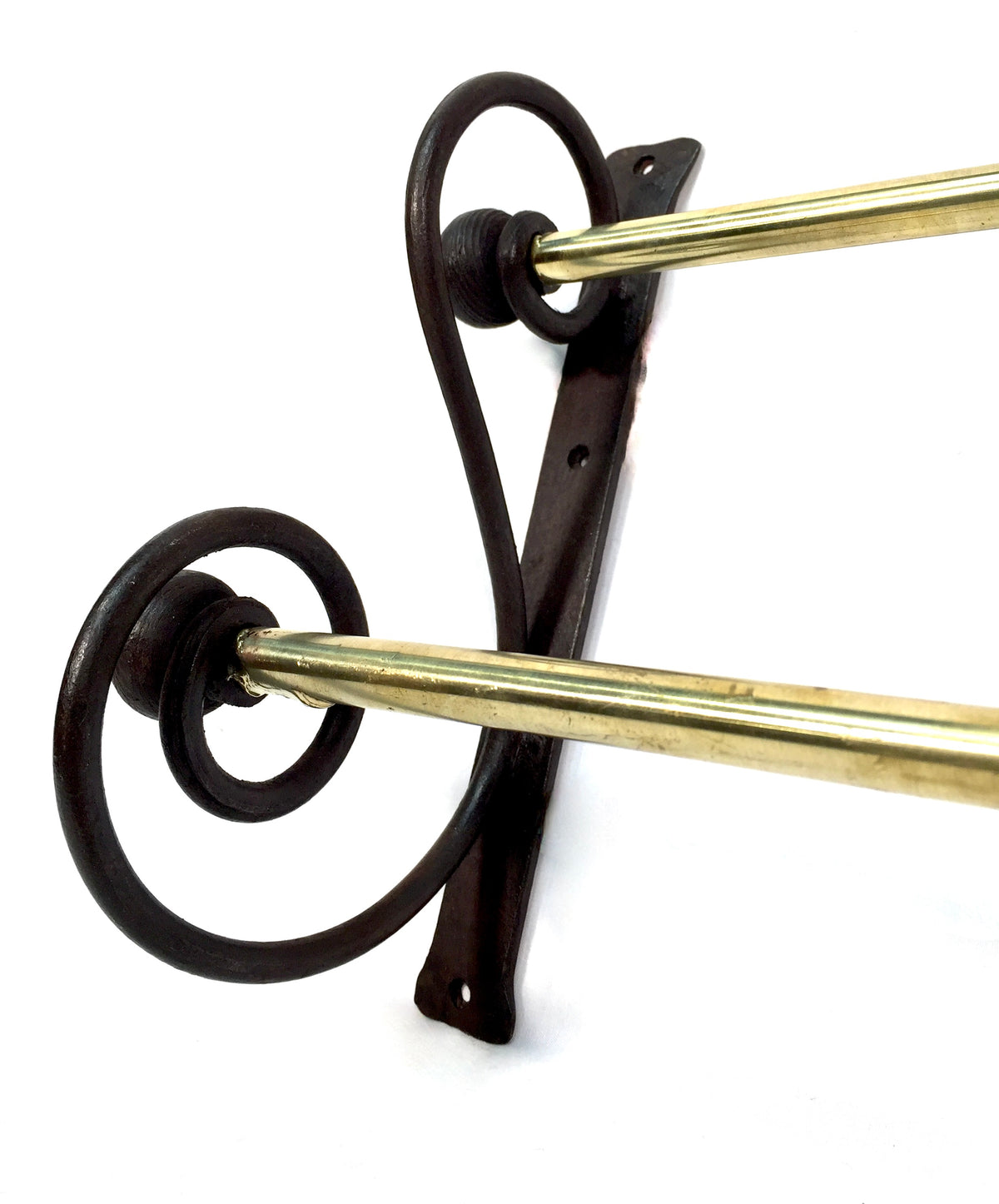 Antique Wall Hanging Black Wrought Iron & Brass Double Towel Rail Holder Rack
