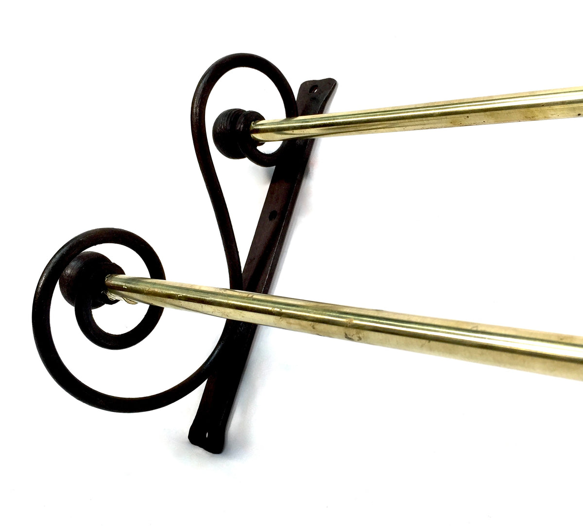 Antique Wall Hanging Black Wrought Iron & Brass Double Towel Rail Holder Rack