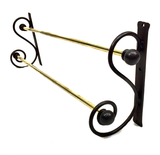 Antique Wall Hanging Black Wrought Iron & Brass Double Towel Rail Holder Rack