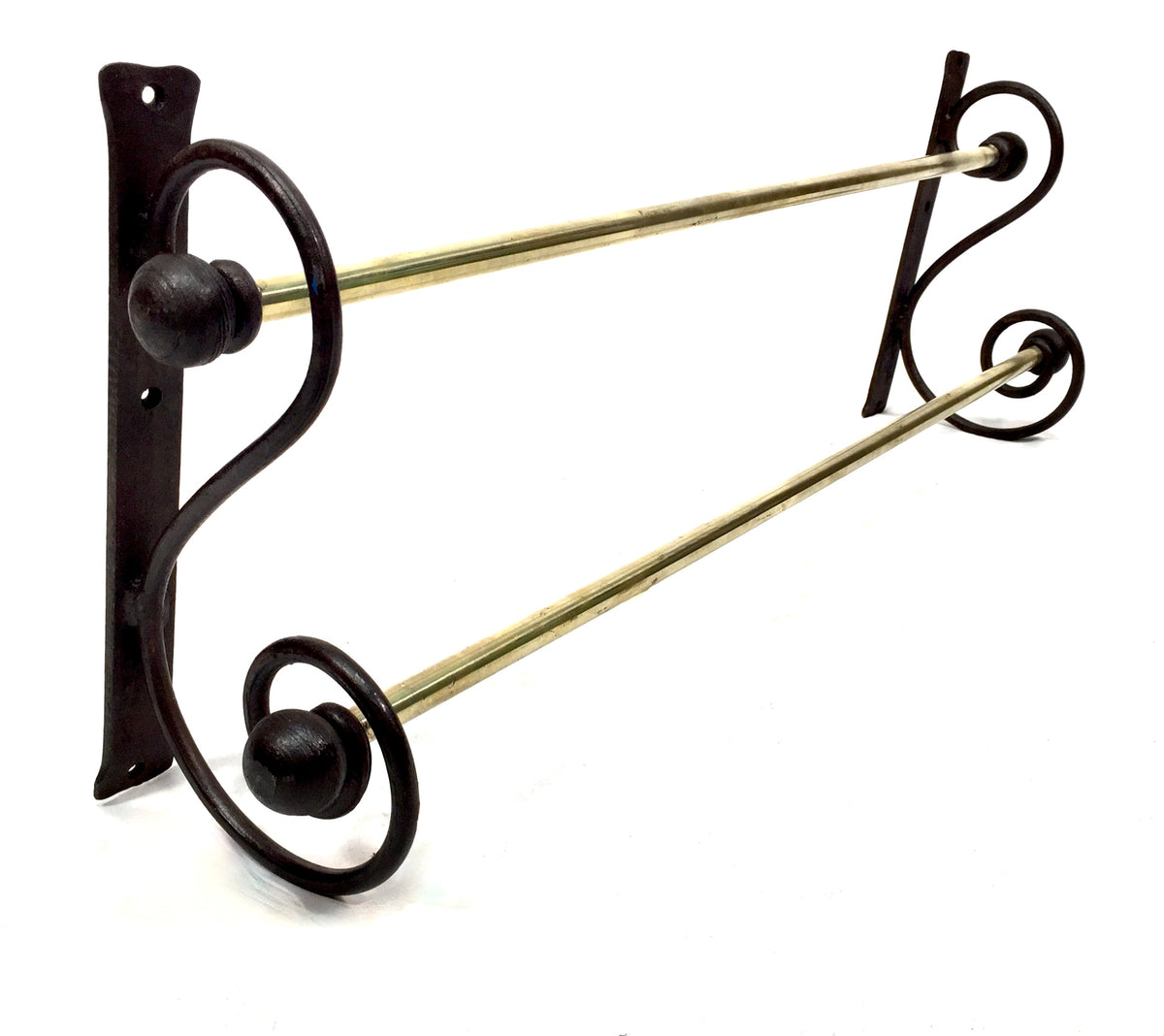 Antique Wall Hanging Black Wrought Iron & Brass Double Towel Rail Holder Rack
