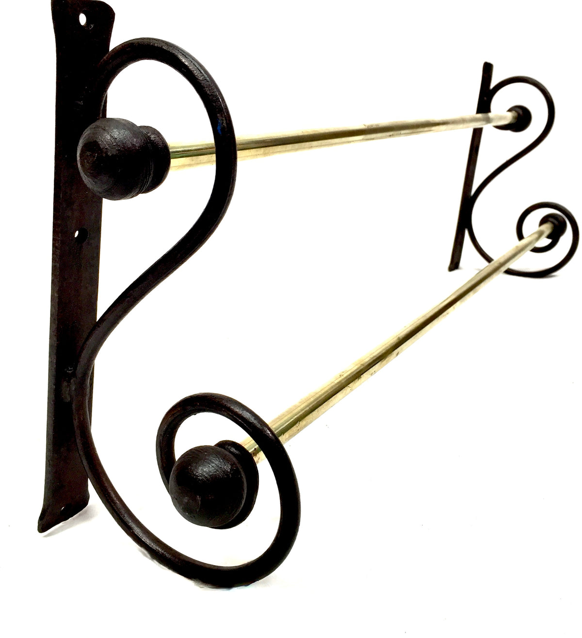 Antique Wall Hanging Black Wrought Iron & Brass Double Towel Rail Holder Rack