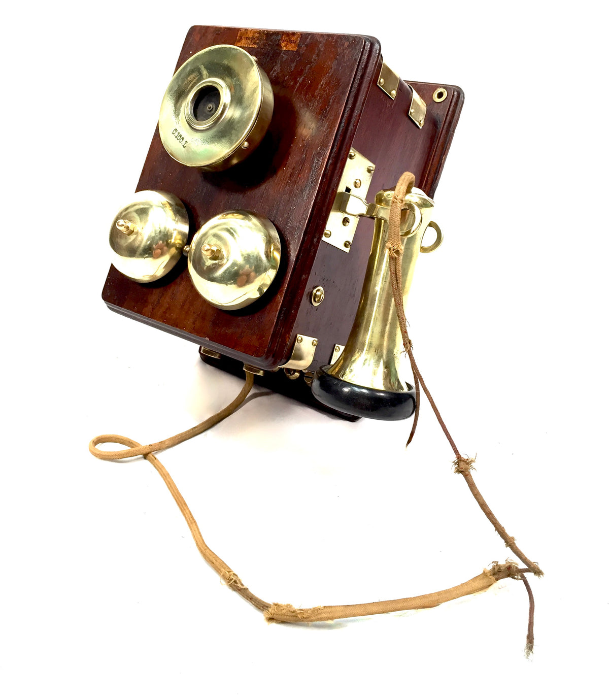 Antique Original 1910s Peel-Conner Telephone Works Two Bar Wood Brass Wall Phone