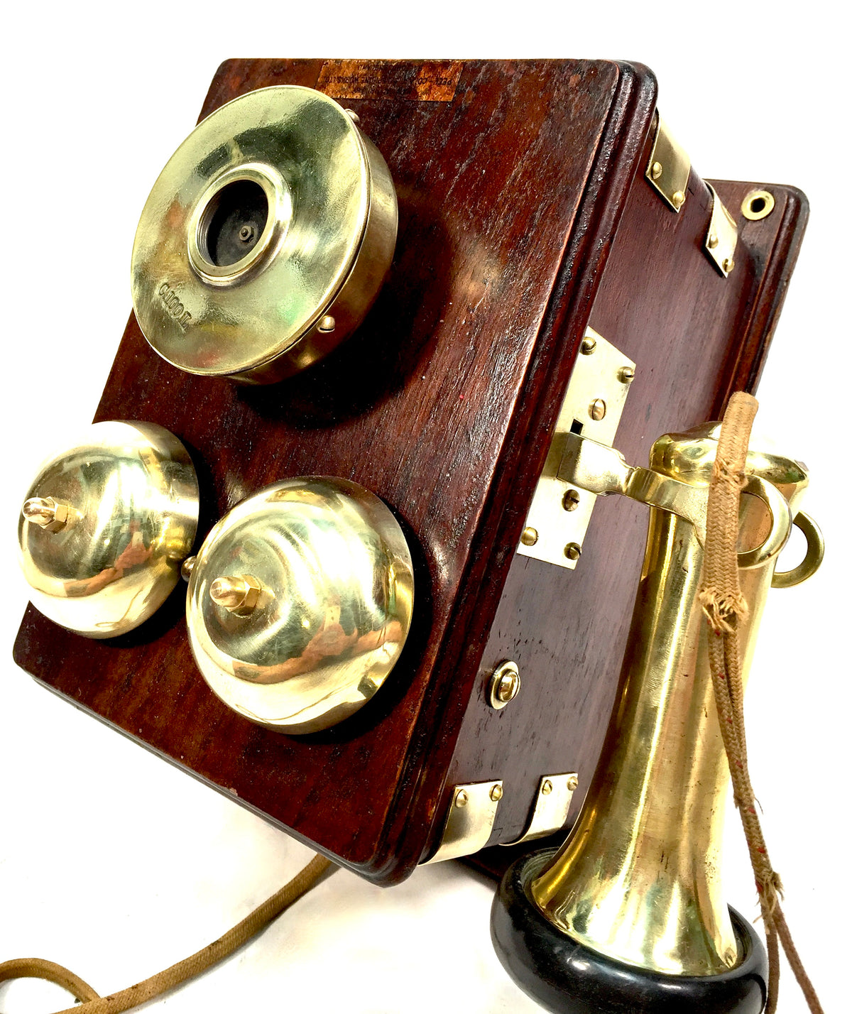 Antique Original 1910s Peel-Conner Telephone Works Two Bar Wood Brass Wall Phone