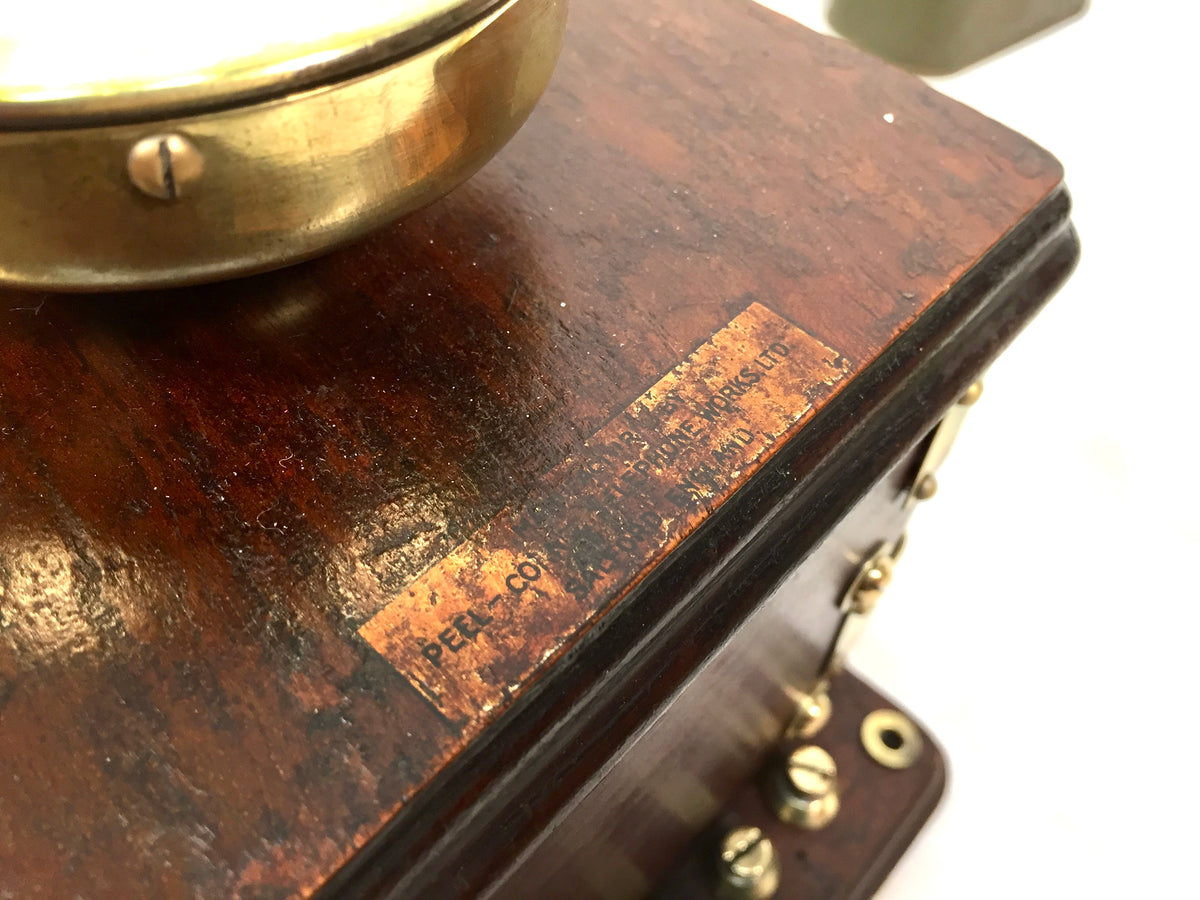 Antique Original 1910s Peel-Conner Telephone Works Two Bar Wood Brass Wall Phone