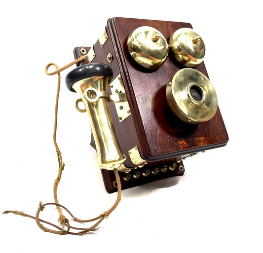 Antique Original 1910s Peel-Conner Telephone Works Two Bar Wood Brass Wall Phone