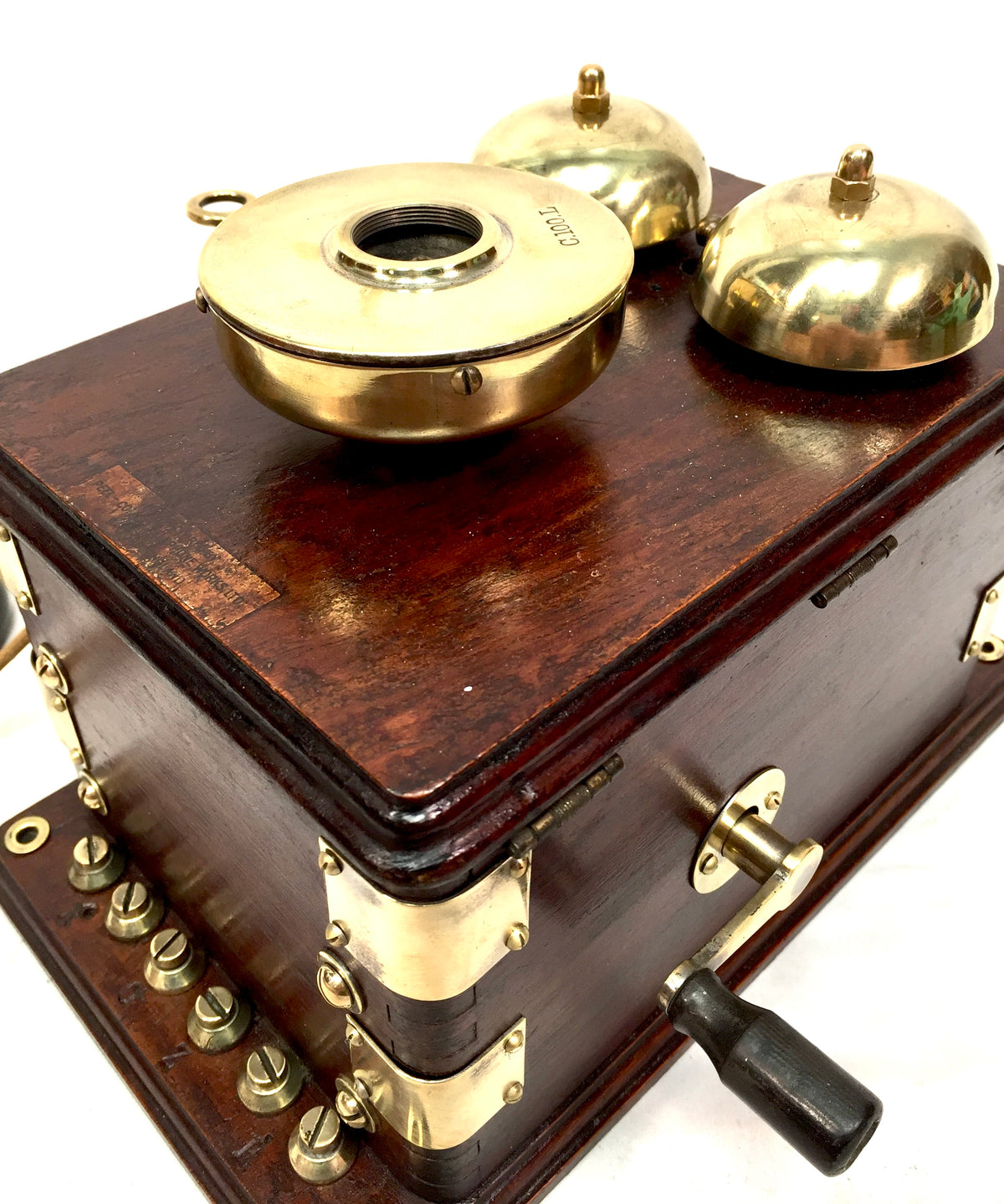 Antique Original 1910s Peel-Conner Telephone Works Two Bar Wood Brass Wall Phone