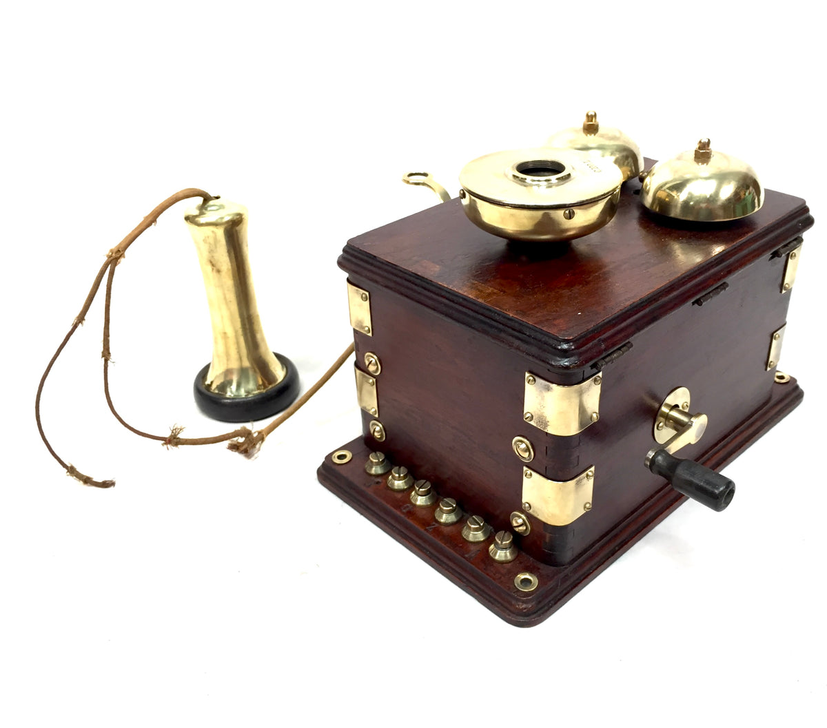Antique Original 1910s Peel-Conner Telephone Works Two Bar Wood Brass Wall Phone