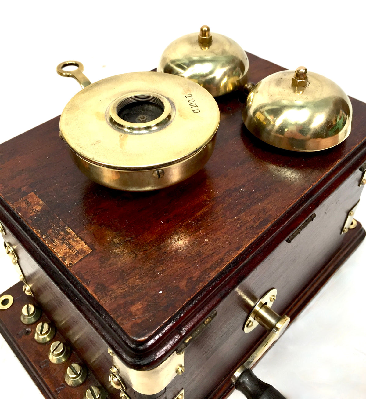 Antique Original 1910s Peel-Conner Telephone Works Two Bar Wood Brass Wall Phone