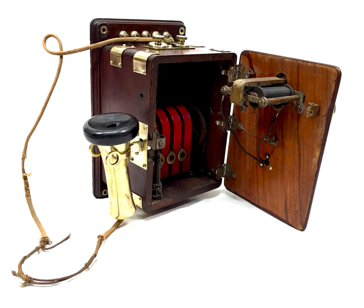 Antique Original 1910s Peel-Conner Telephone Works Two Bar Wood Brass Wall Phone