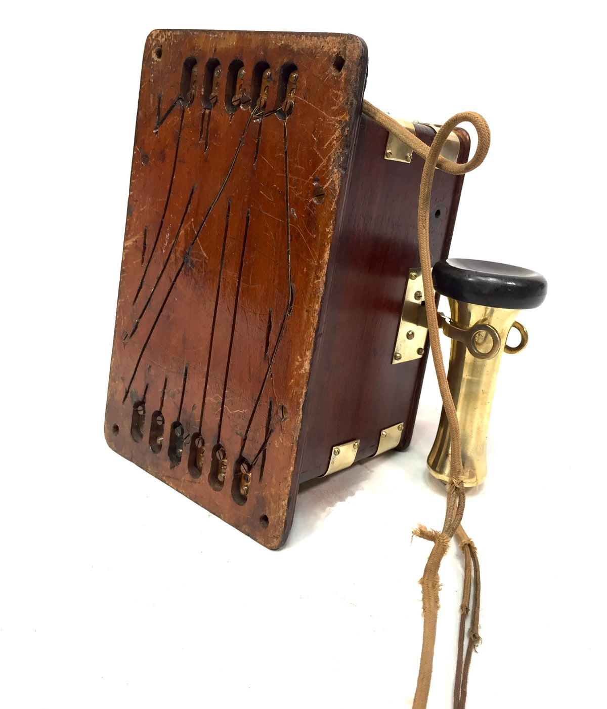 Antique Original 1910s Peel-Conner Telephone Works Two Bar Wood Brass Wall Phone