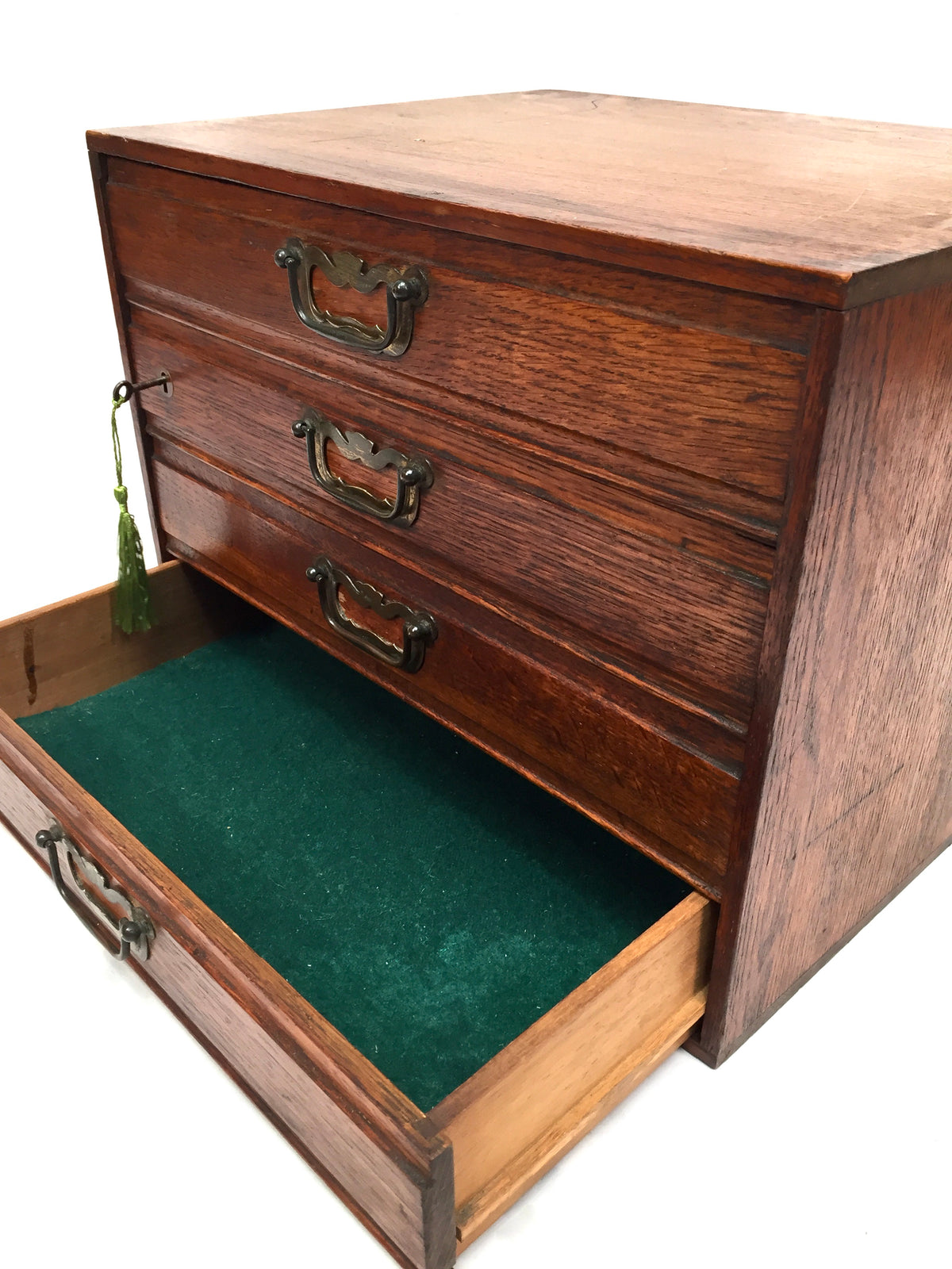 Antique Tabletop Wooden Oak Chest of Drawers Filing Storage Box Cabinet with Key
