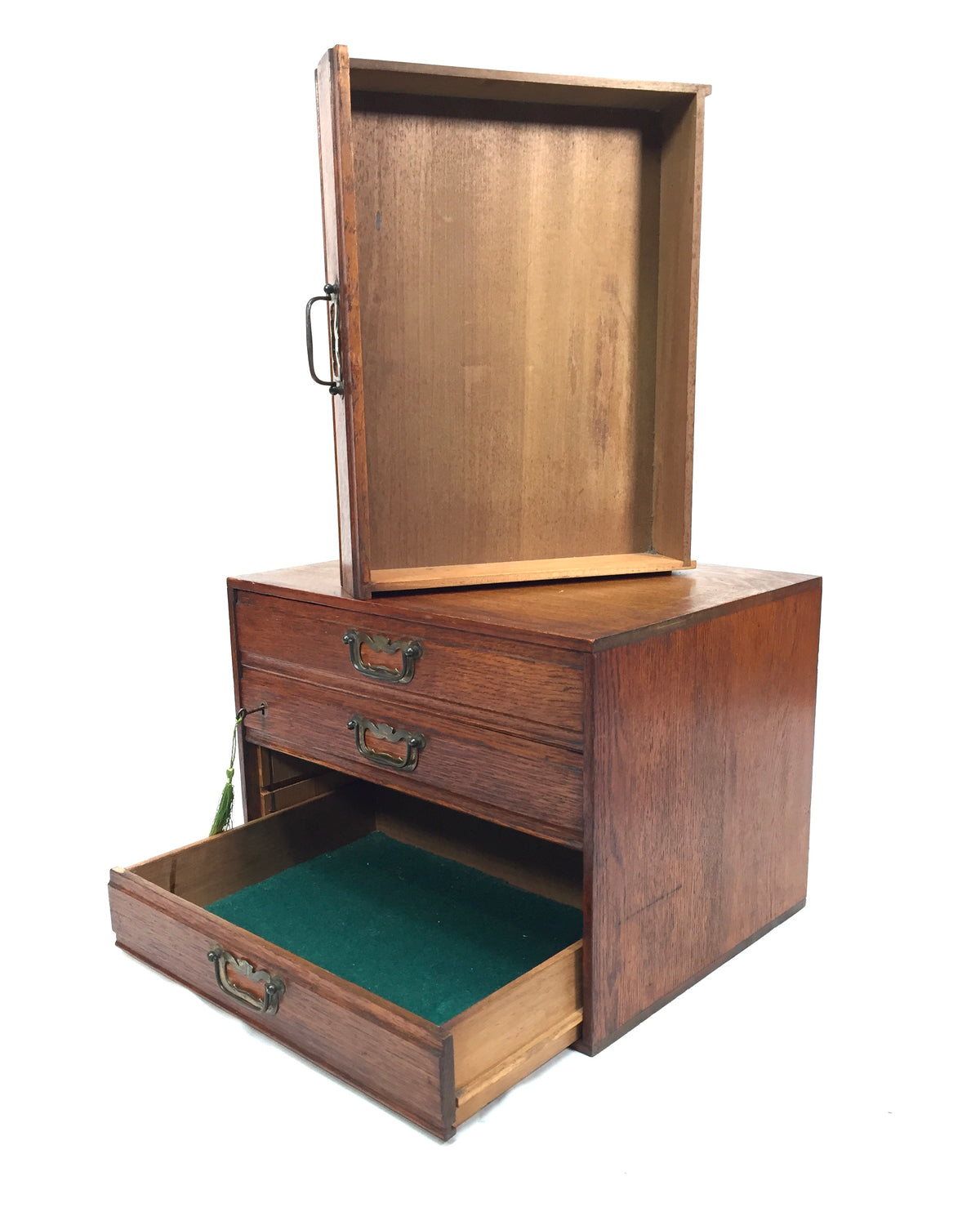 Antique Tabletop Wooden Oak Chest of Drawers Filing Storage Box Cabinet with Key