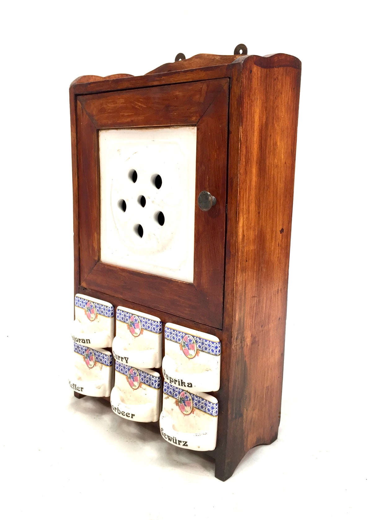 Antique Wall Hanging Wooden & Ceramic German Spice Cabinet Tabletop Storage Box