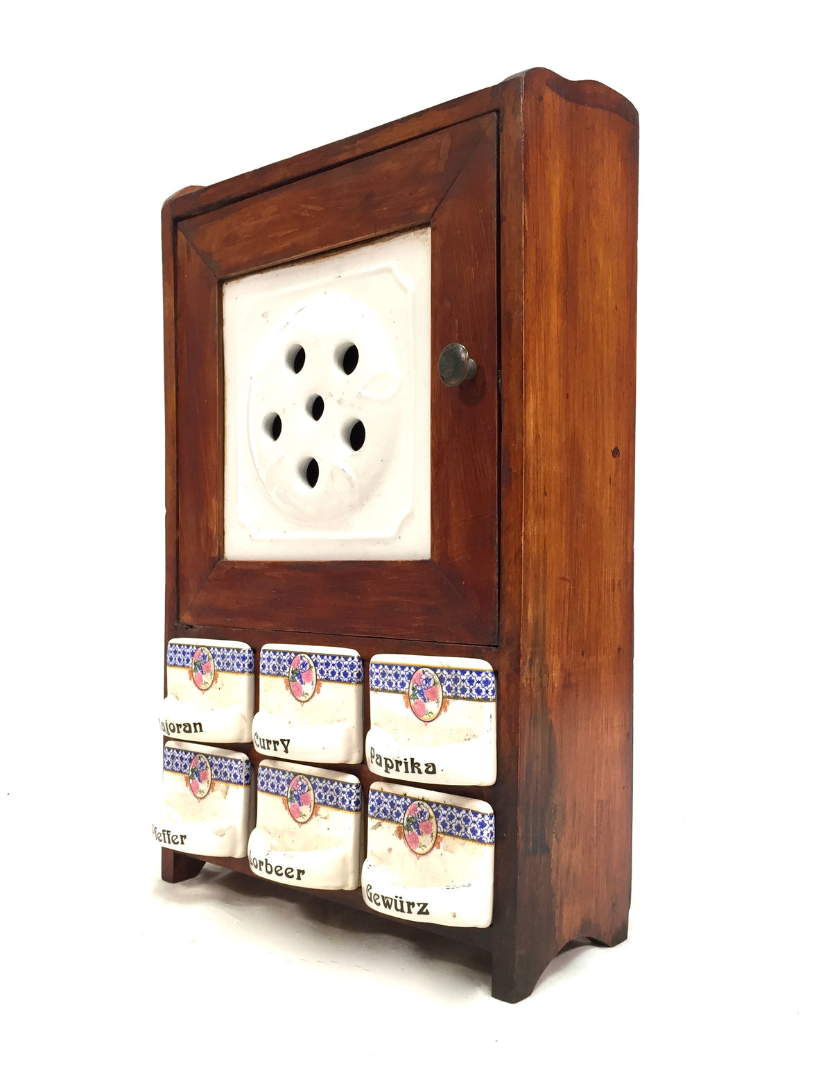 Antique Wall Hanging Wooden & Ceramic German Spice Cabinet Tabletop Storage Box