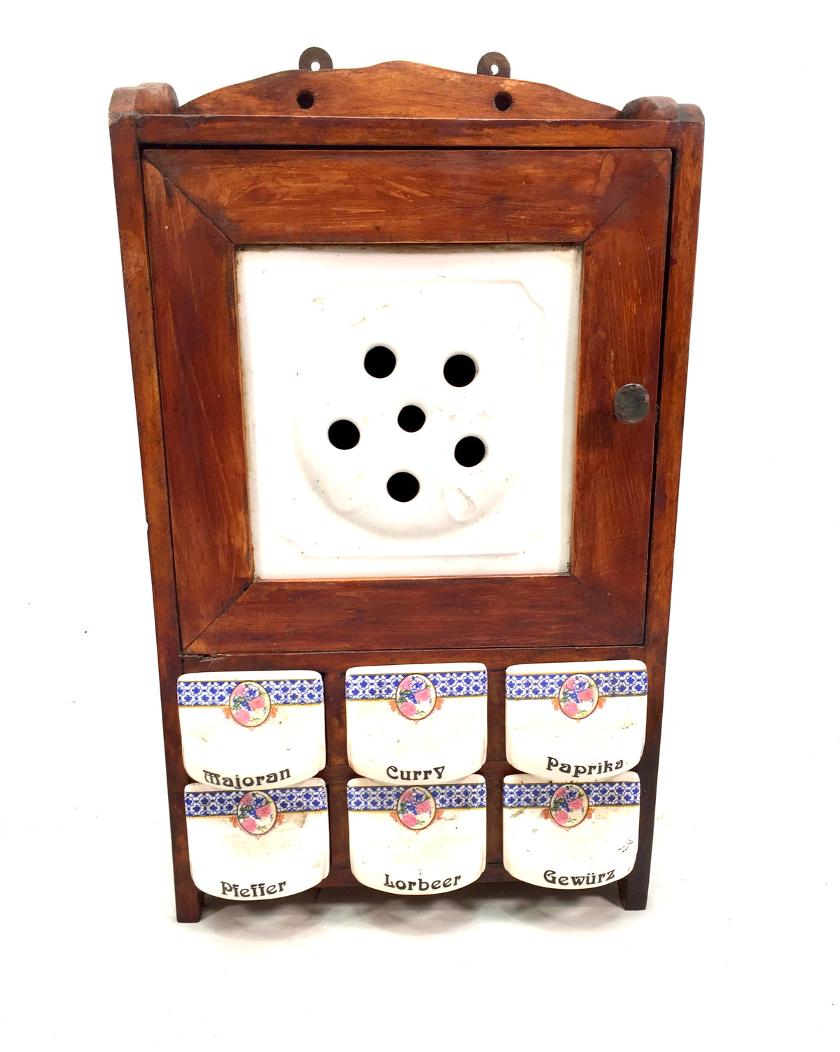 Antique Wall Hanging Wooden & Ceramic German Spice Cabinet Tabletop Storage Box