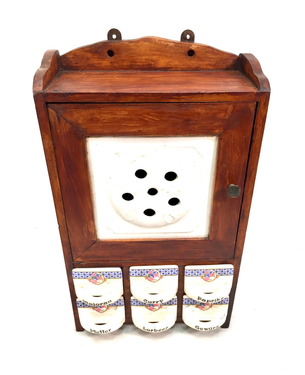 Antique Wall Hanging Wooden & Ceramic German Spice Cabinet Tabletop Storage Box