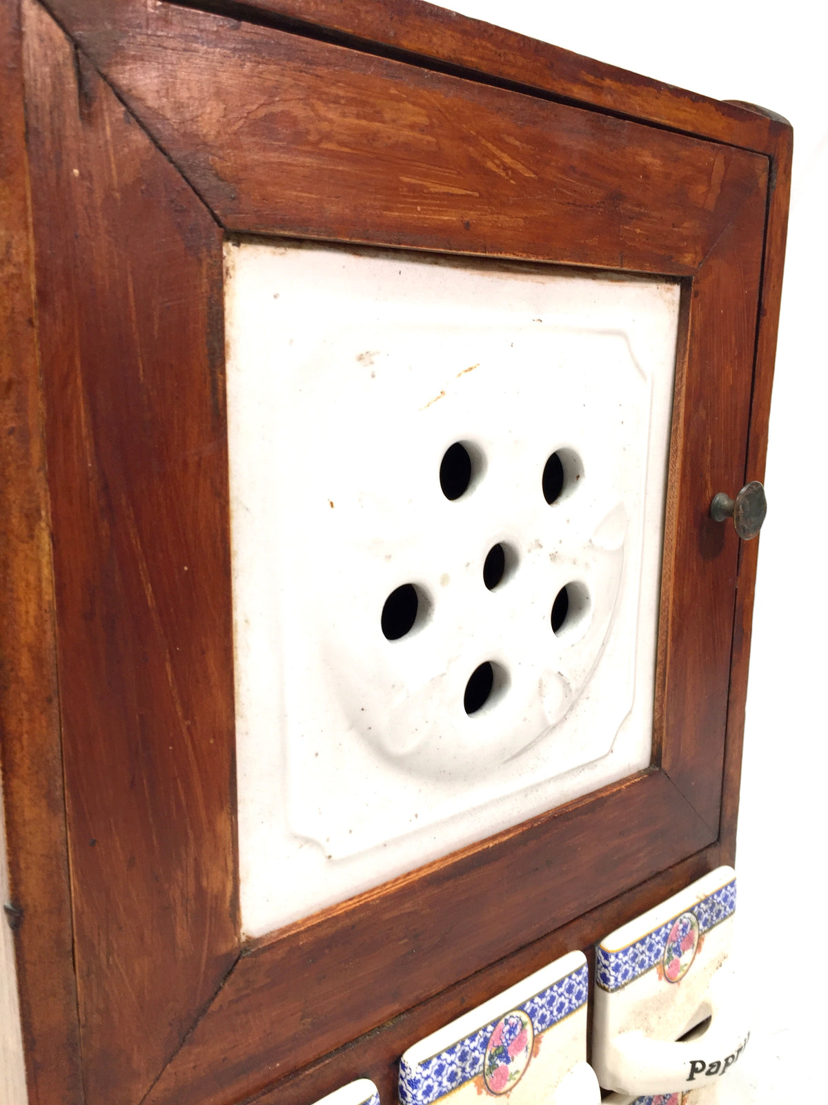 Antique Wall Hanging Wooden & Ceramic German Spice Cabinet Tabletop Storage Box