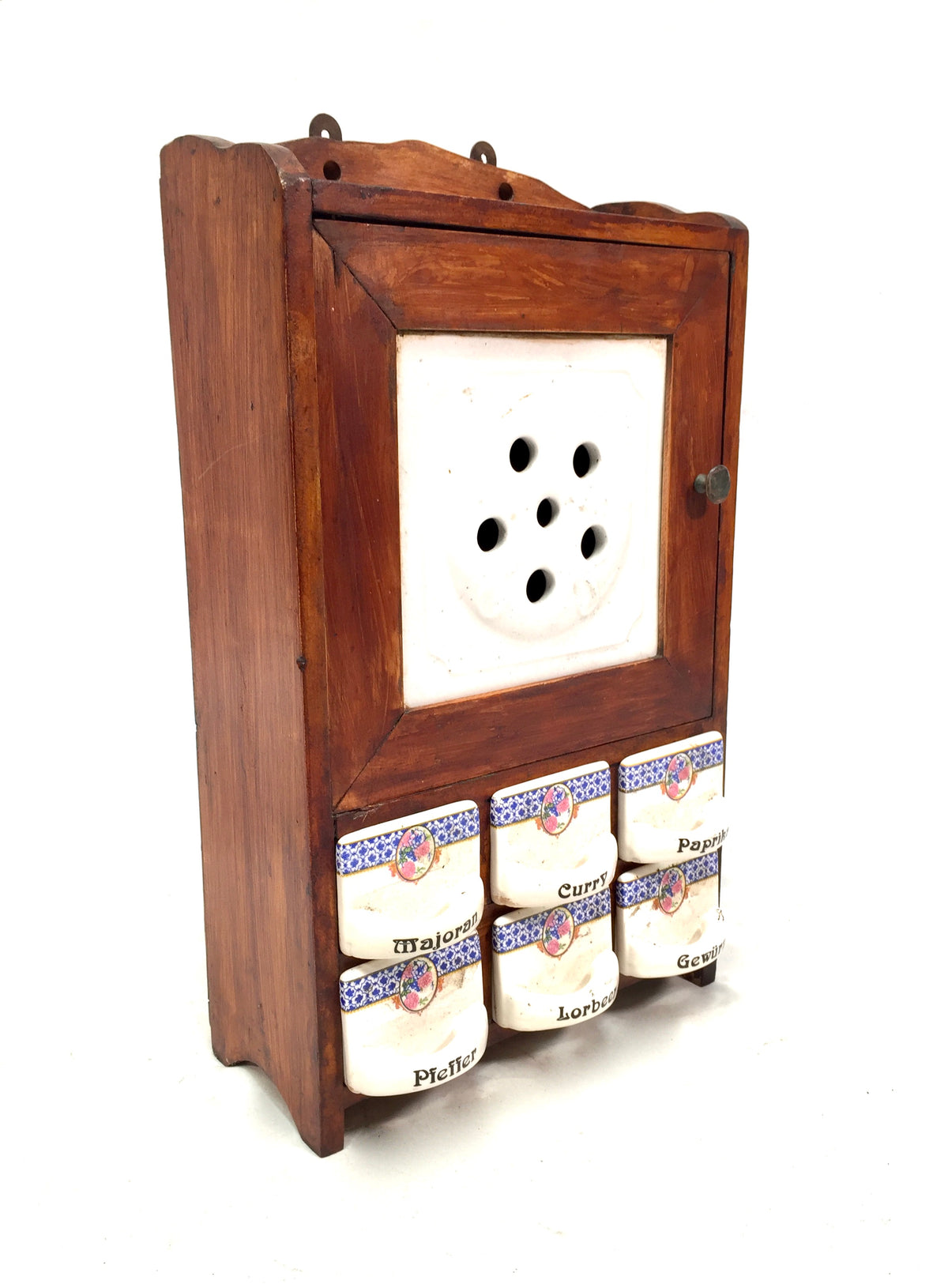 Antique Wall Hanging Wooden & Ceramic German Spice Cabinet Tabletop Storage Box