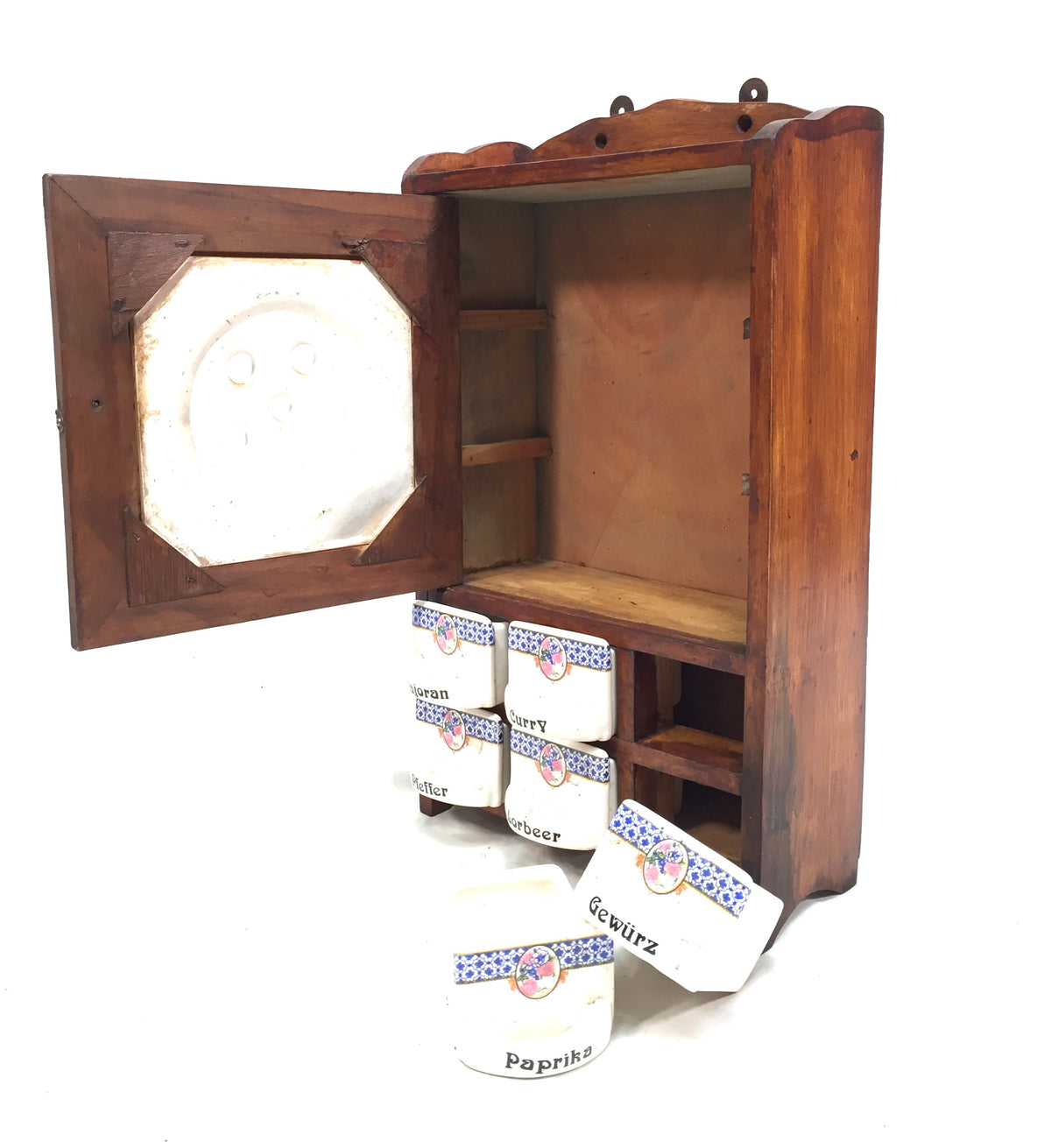 Antique Wall Hanging Wooden & Ceramic German Spice Cabinet Tabletop Storage Box
