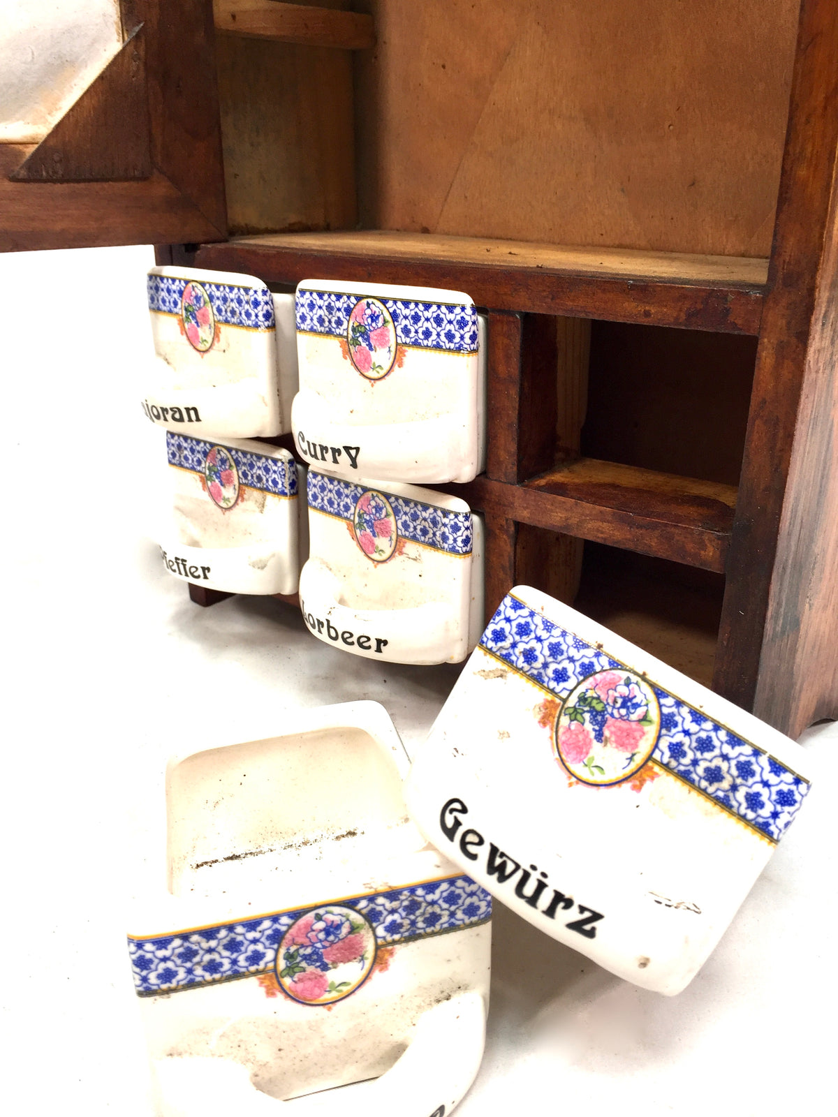 Antique Wall Hanging Wooden & Ceramic German Spice Cabinet Tabletop Storage Box