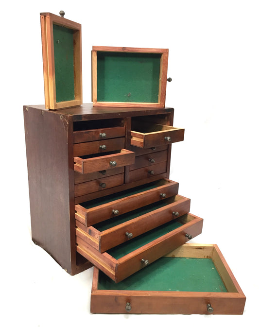 Vintage Wooden Tabletop Filing Cabinet Storage Box with Drawers Engineers Tools