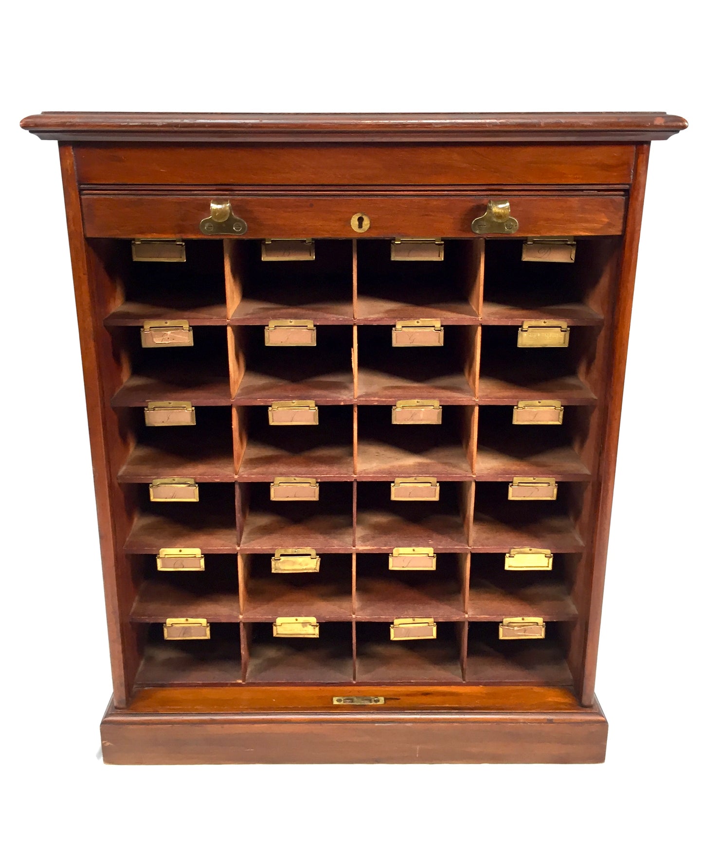 Antique Wood Tambour Fronted Cabinet / Pigeon Hole Stationery Storage Box c.1930