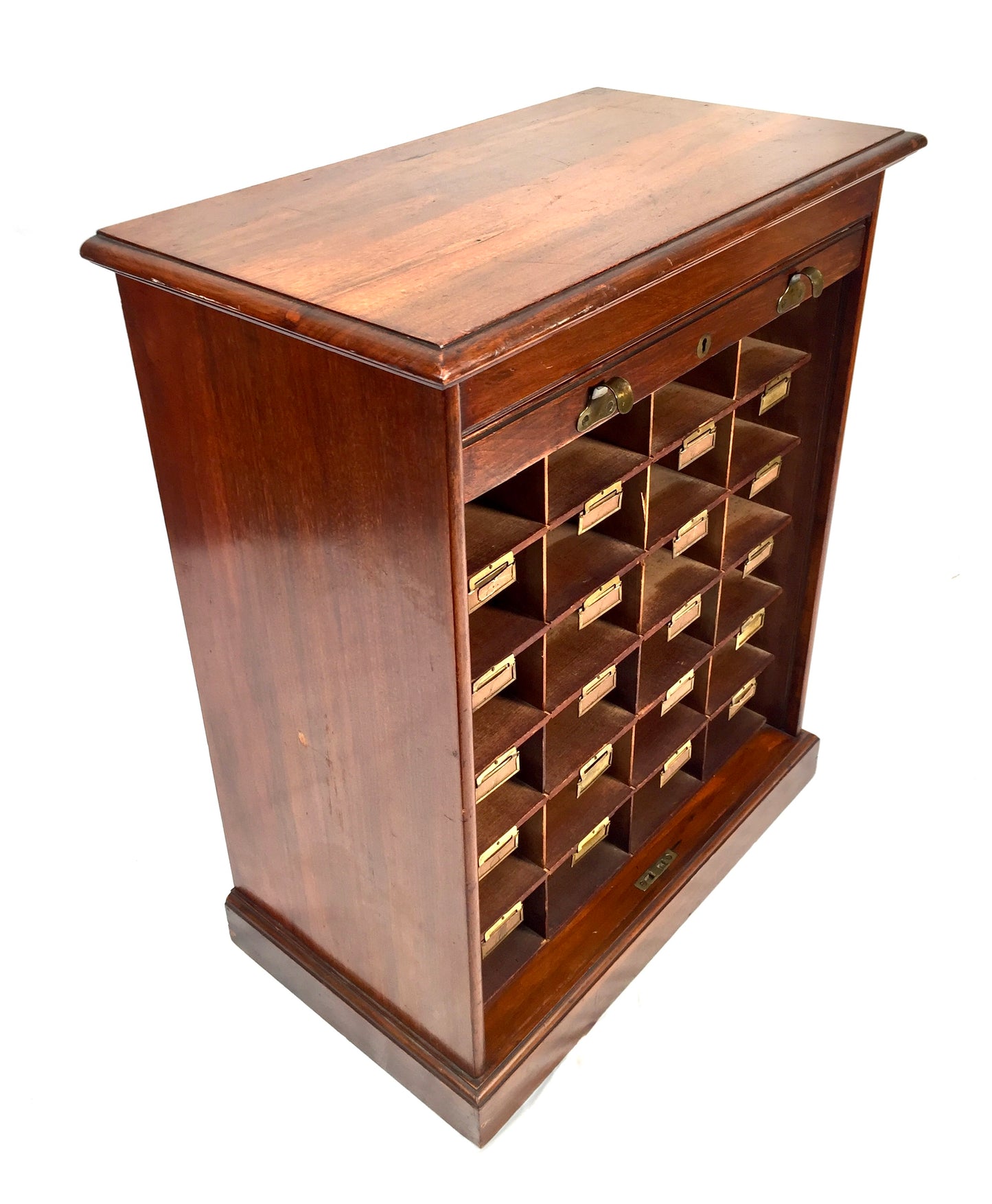 Antique Wood Tambour Fronted Cabinet / Pigeon Hole Stationery Storage Box c.1930