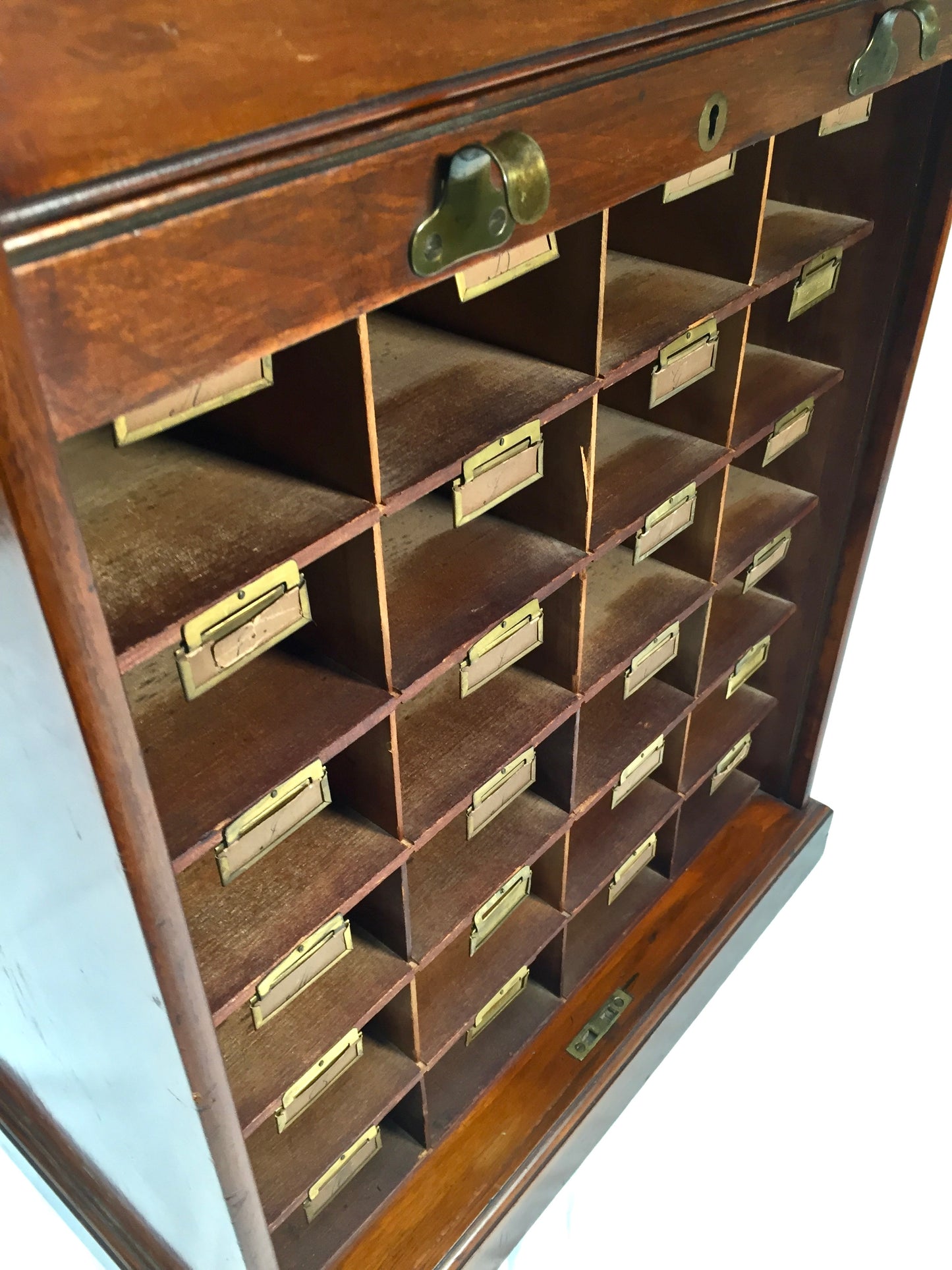 Antique Wood Tambour Fronted Cabinet / Pigeon Hole Stationery Storage Box c.1930