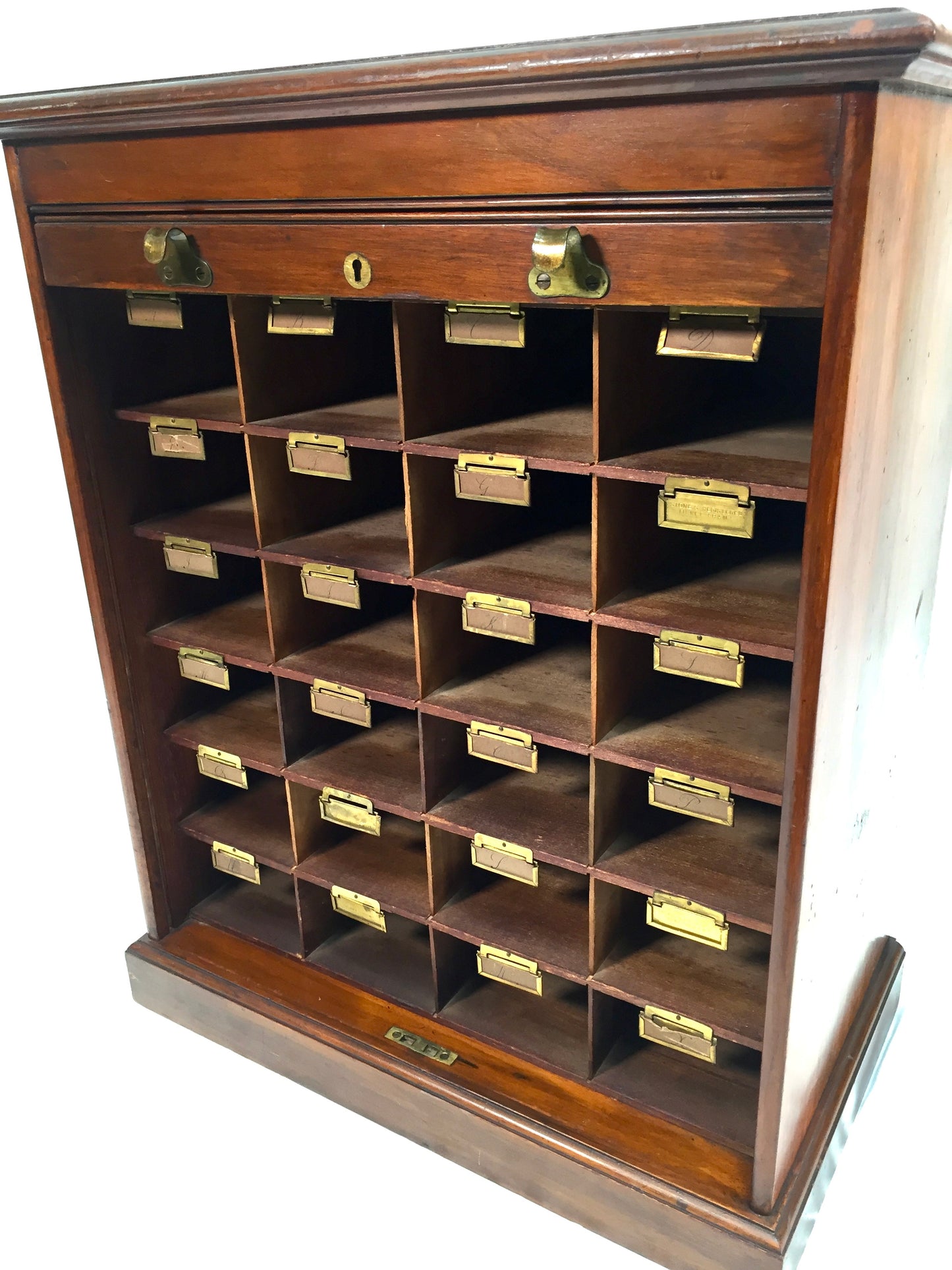 Antique Wood Tambour Fronted Cabinet / Pigeon Hole Stationery Storage Box c.1930