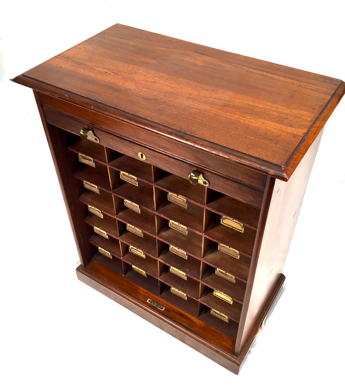 Antique Wood Tambour Fronted Cabinet / Pigeon Hole Stationery Storage Box c.1930