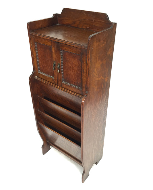 Antique Wooden Oak Magazine Newspaper Rack & Cupboard / Storage 20th Century