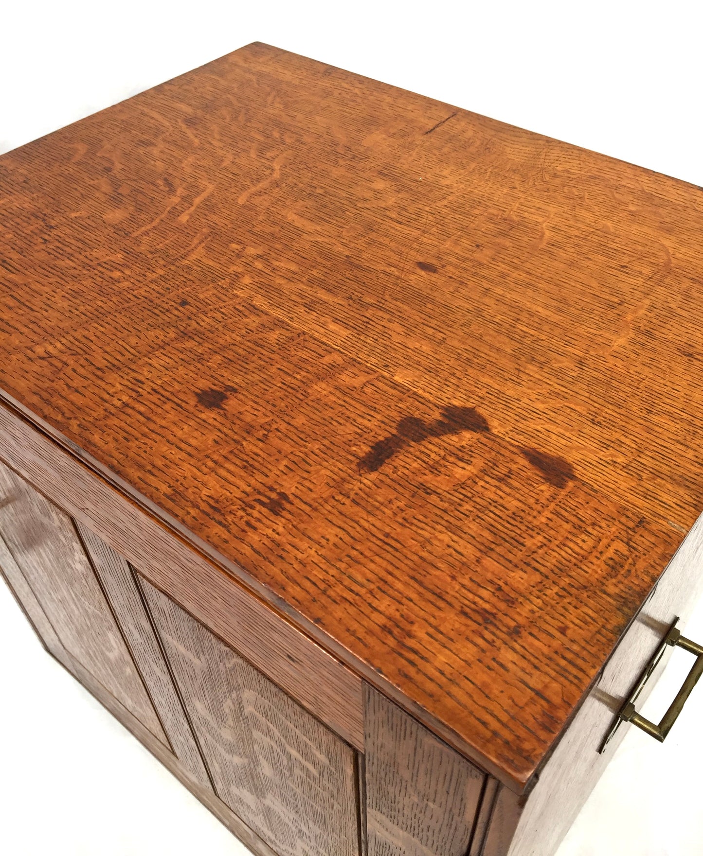 Antique Large Oak Desktop Wooden Stationery Cabinet Storage Box with Key c.1920