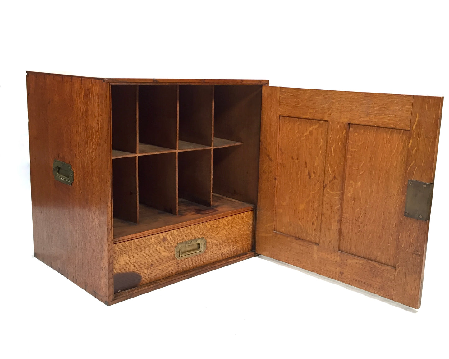 Antique Large Oak Desktop Wooden Stationery Cabinet Storage Box with Key c.1920