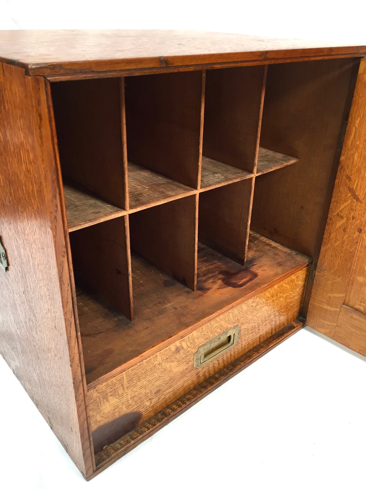 Antique Large Oak Desktop Wooden Stationery Cabinet Storage Box with Key c.1920