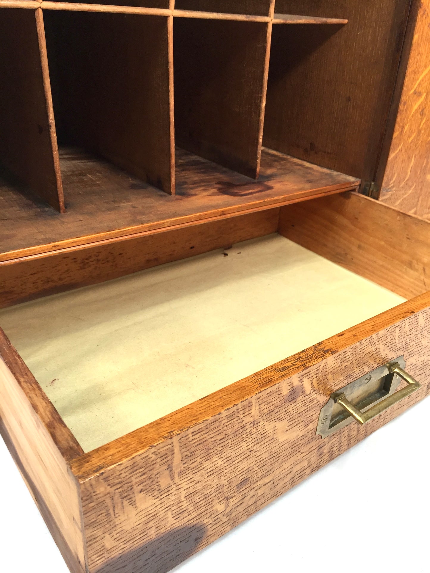 Antique Large Oak Desktop Wooden Stationery Cabinet Storage Box with Key c.1920